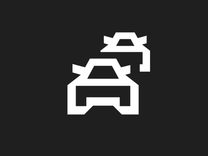 Black background image with white outlines of front view of two cars