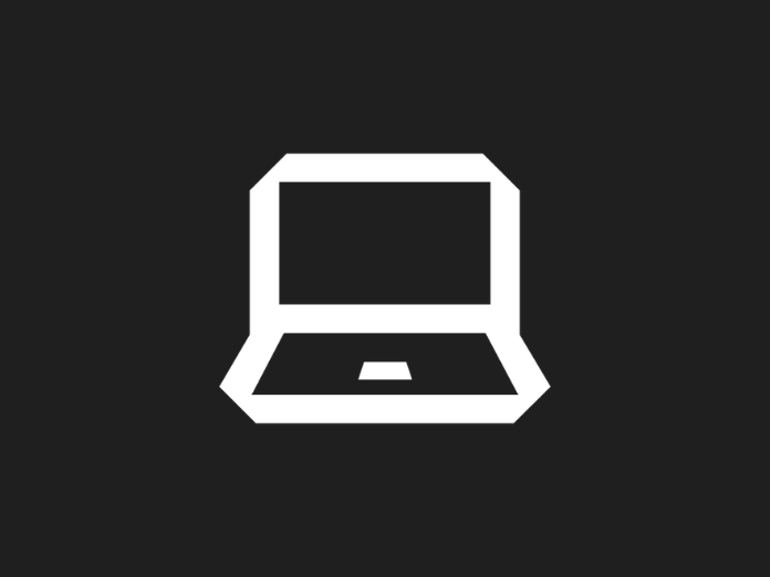 Black background image with white outline of front view of an open laptop